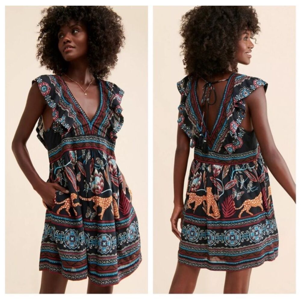 Anthropologie V-Neck Plunge Tunic Mini Dress Black Motif Animal Print Size XS